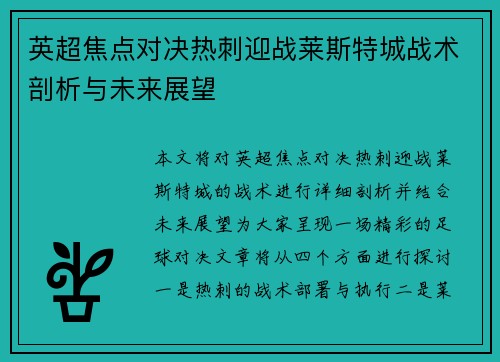 英超焦点对决热刺迎战莱斯特城战术剖析与未来展望