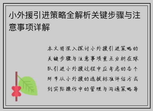 小外援引进策略全解析关键步骤与注意事项详解