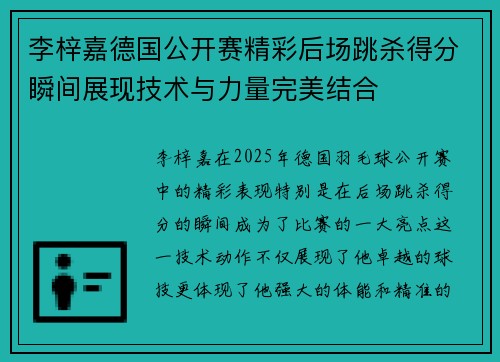 李梓嘉德国公开赛精彩后场跳杀得分瞬间展现技术与力量完美结合